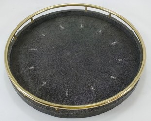 Faux Shagreen round tray with circle brass handles in Seal color