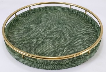 Faux Boa skin round tray with circle brass handles in Moss Green color